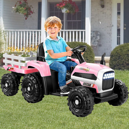 Remote Control Electric Tractor Car with Trailer for Kids - 12V Ride-On Toy