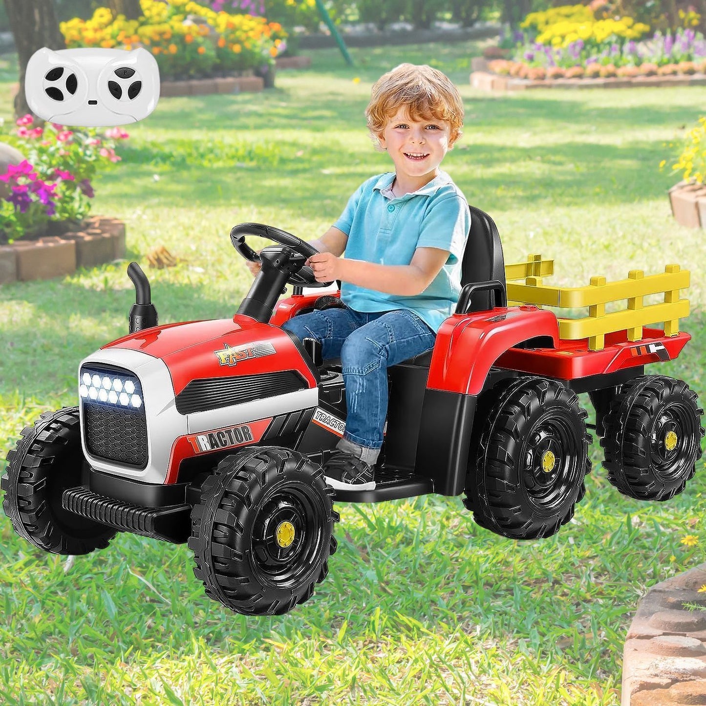Remote Control Electric Tractor Car with Trailer for Kids - 12V Ride-On Toy