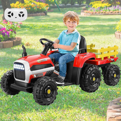 Remote Control Electric Tractor Car with Trailer for Kids - 12V Ride-On Toy