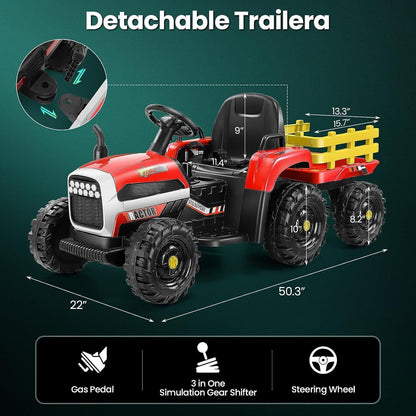 Remote Control Electric Tractor Car with Trailer for Kids - 12V Ride-On Toy