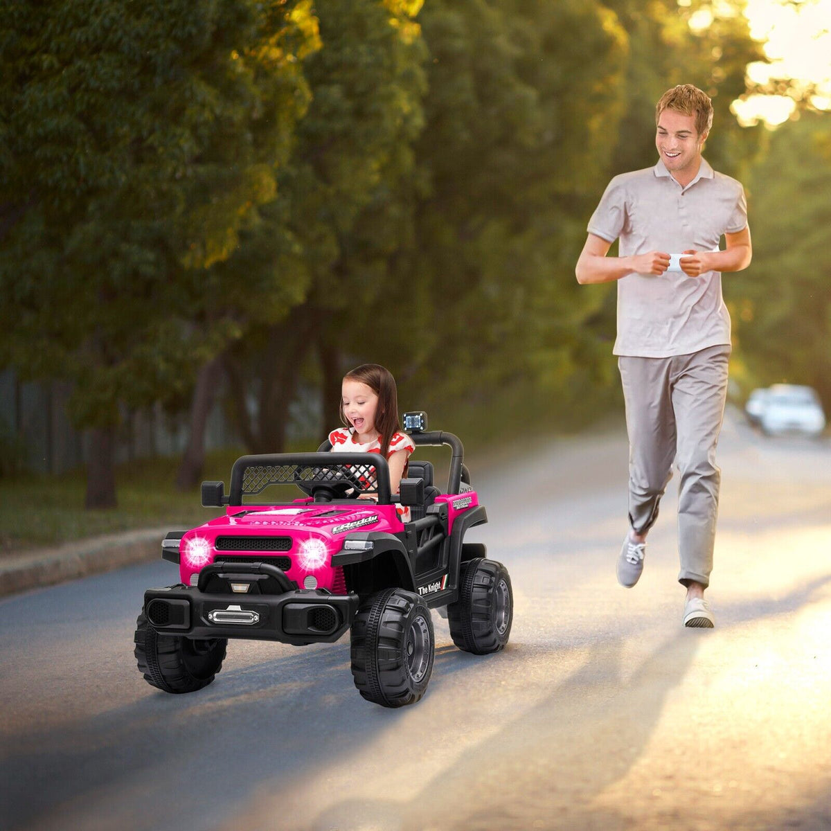 Remote Control Off-Road Truck Toy with LED Lights and Dual Drive - 12V Battery Powered