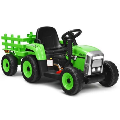 Remote Control Ride-On Tractor with Trailer and Lights for Kids - 12V Ground Loader