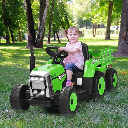 Remote Control Ride-On Tractor with Trailer and Lights for Kids - 12V Ground Loader