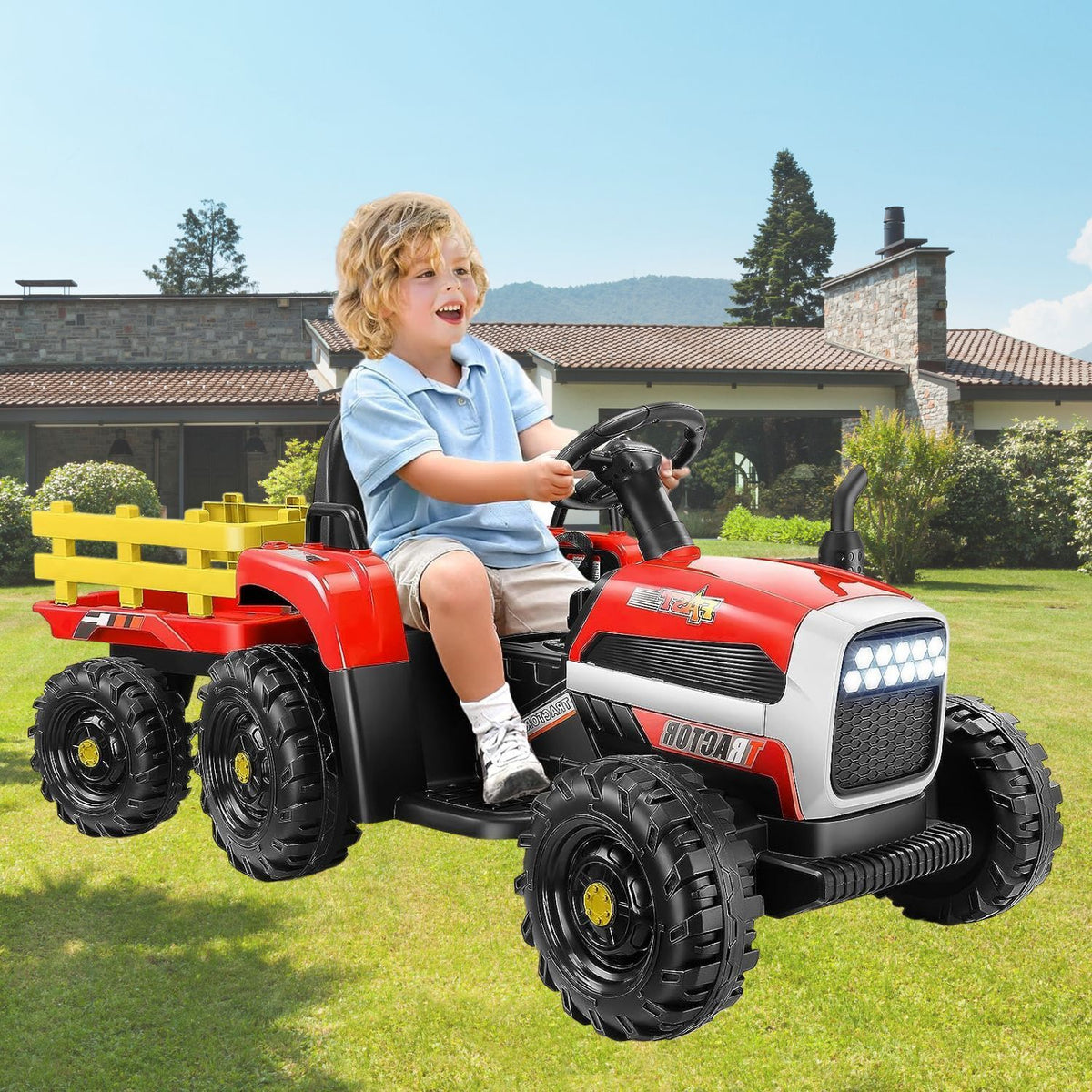 Remote-Controlled 12V Kids Tractor Car with Trailer - Electric Ride-On Toy
