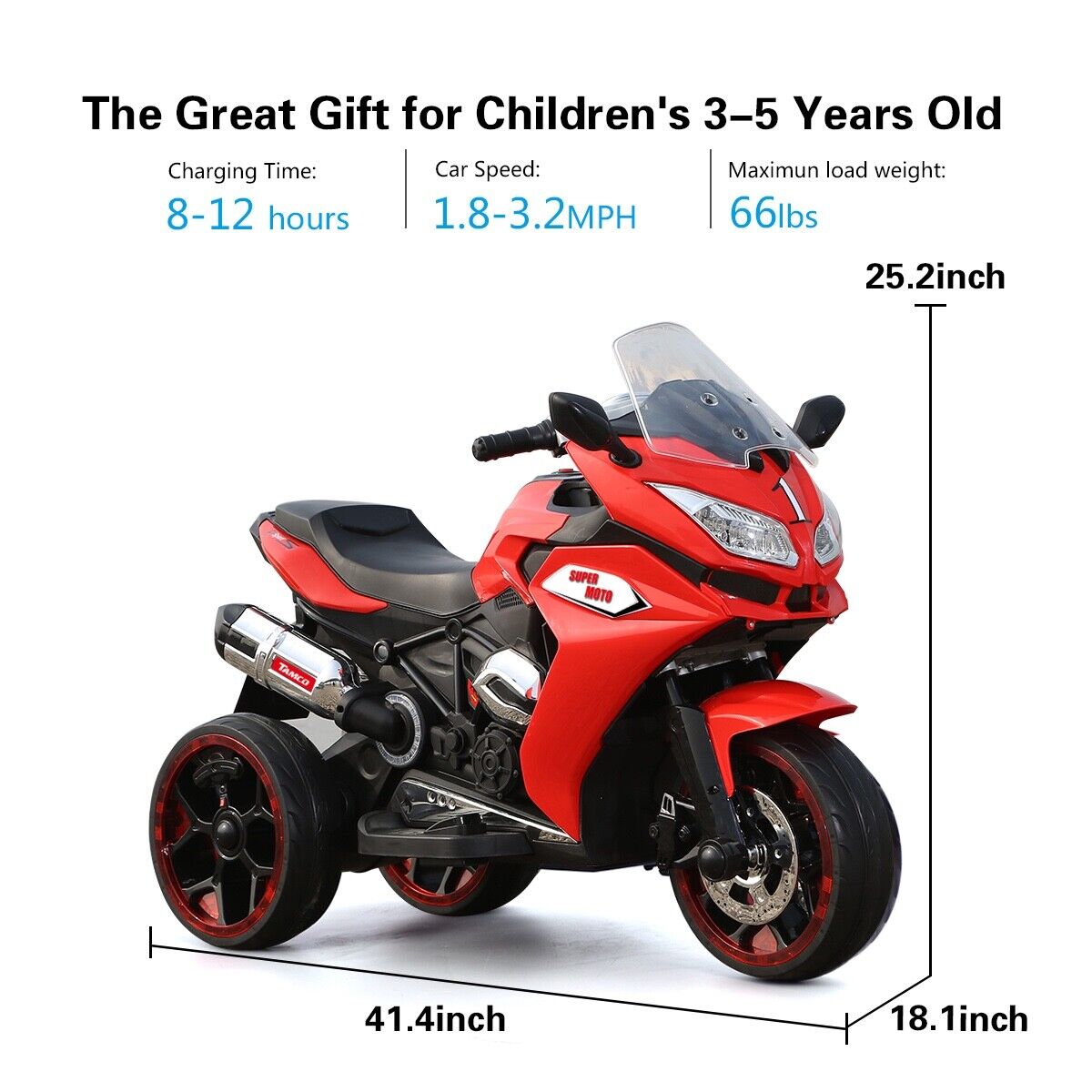 Rev Up the Fun with the TAMCO Kids Electric Ride-On Motorcycle - 12V with Three Light-Up Wheels!