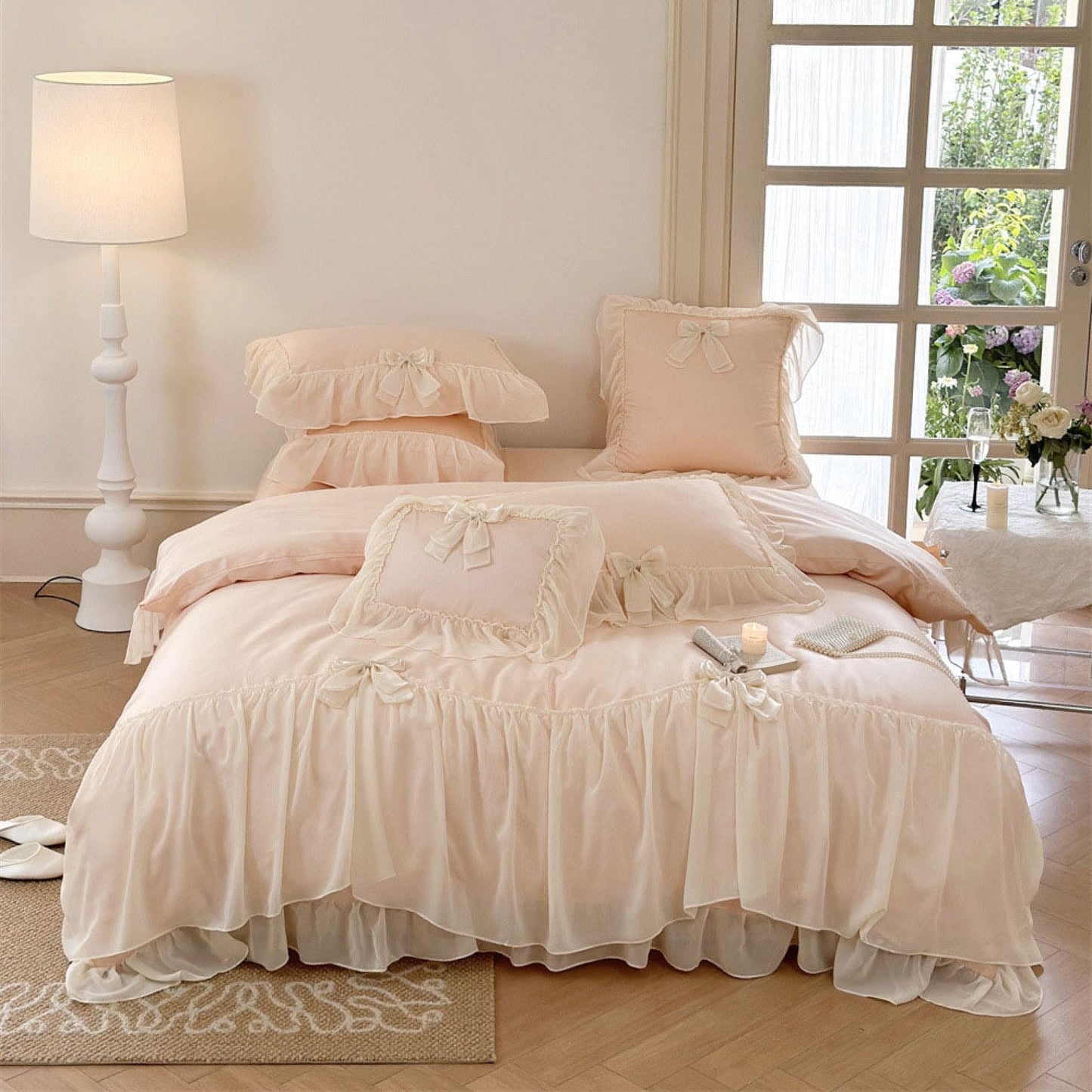 Ribbon Bow Airy Lace Bedding Set / Blue