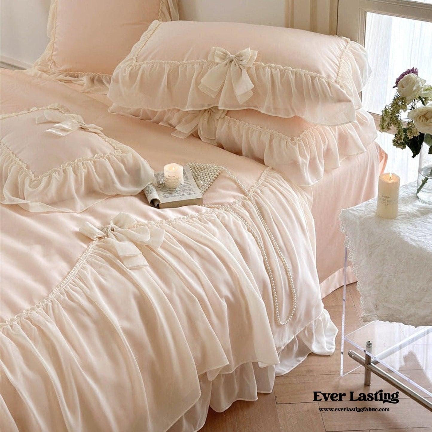 Ribbon Bow Airy Lace Bedding Set / Blue