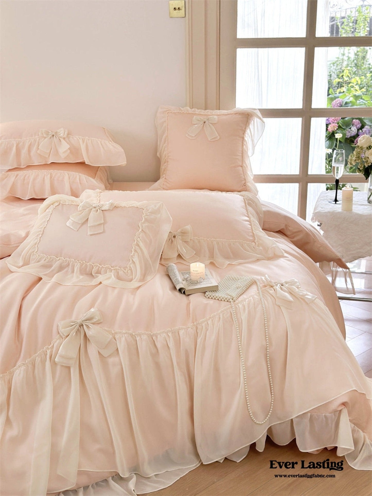 Ribbon Bow Airy Lace Bedding Set / Blue