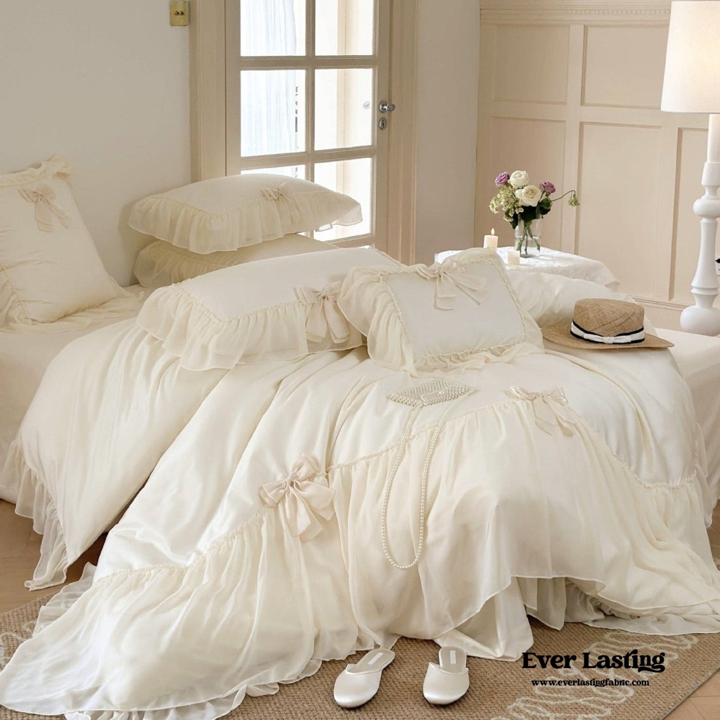 Ribbon Bow Airy Lace Bedding Set / Blue