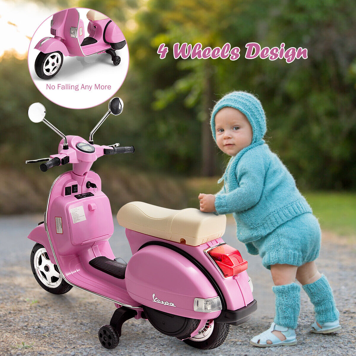 Ride in Style: Pink 6V Kids Vespa Scooter with Training Wheel and Headlight