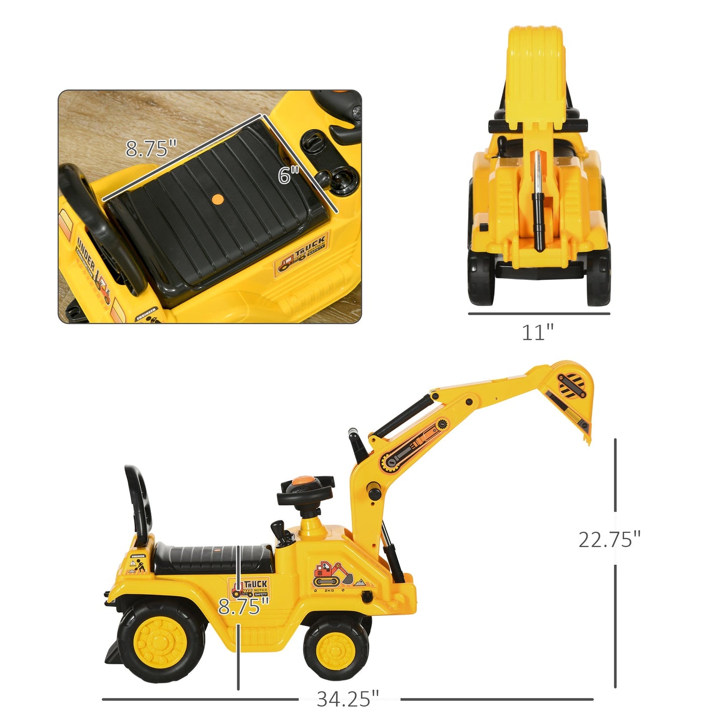 Kids Ride-On Excavator Truck with Pull Cart, Horn, and Under-Seat Storage