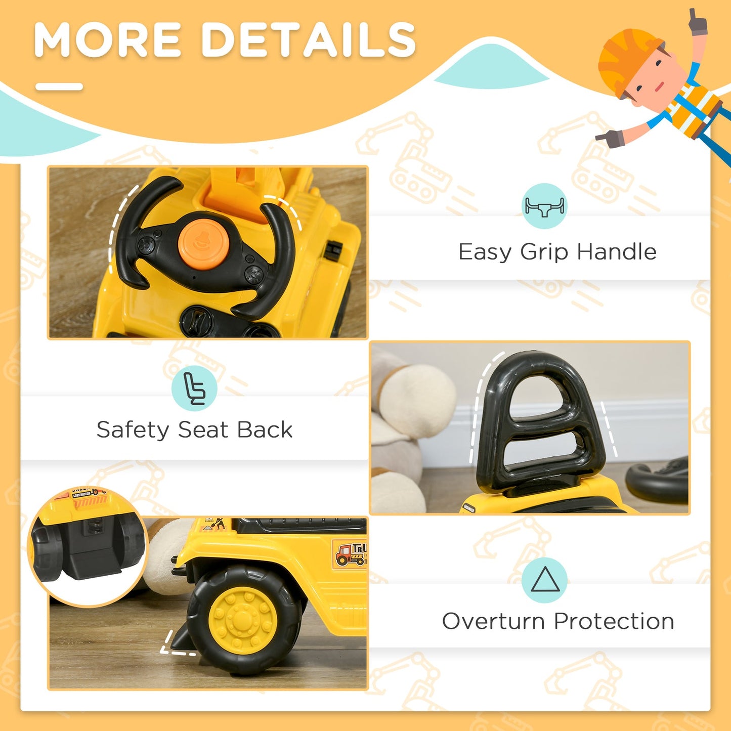 Kids Ride-On Excavator Truck with Pull Cart, Horn, and Under-Seat Storage