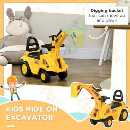 Kids Ride-On Excavator Truck with Pull Cart, Horn, and Under-Seat Storage