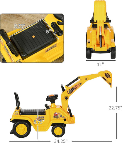 Kids Ride-On Excavator Truck with Pull Cart, Horn, and Under-Seat Storage