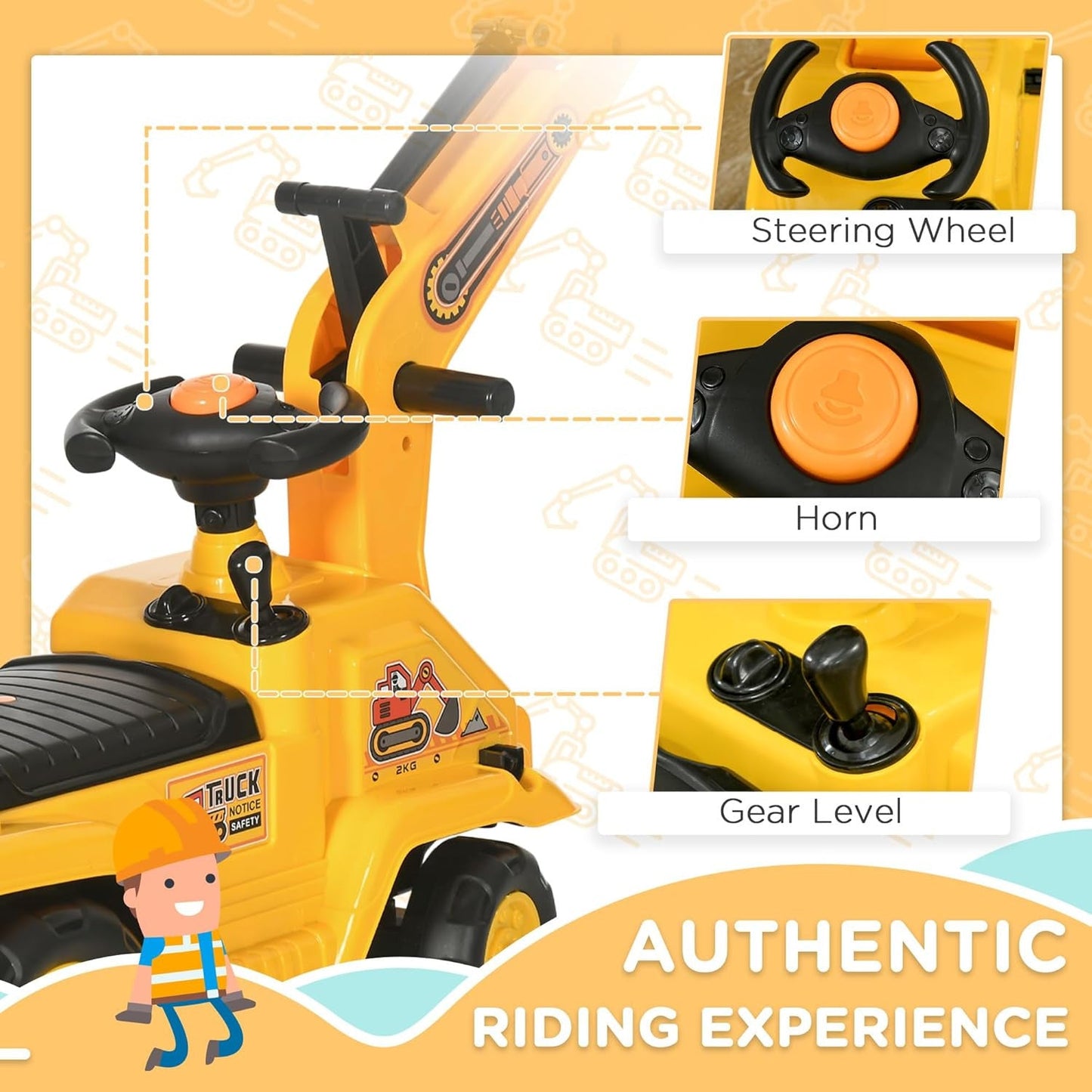 Kids Ride-On Excavator Truck with Pull Cart, Horn, and Under-Seat Storage