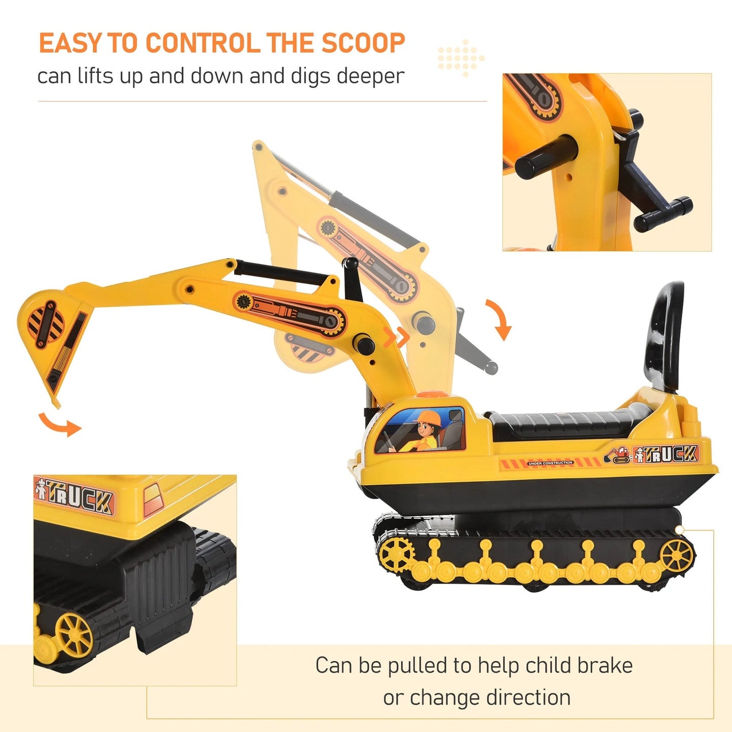 Movable Ride-On Excavator Toy Tractor Digger Scooter Walker for Toddler Pretend Play