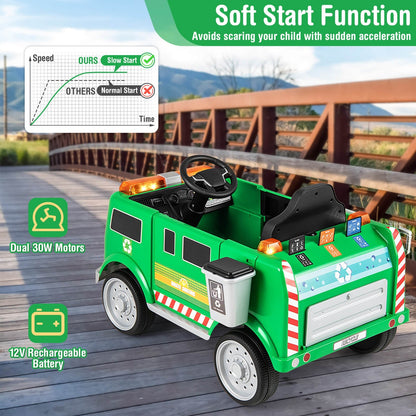 Remote Control Ride-On Garbage Truck with Trash Bin, Shovel, Lights, and Sound Effects