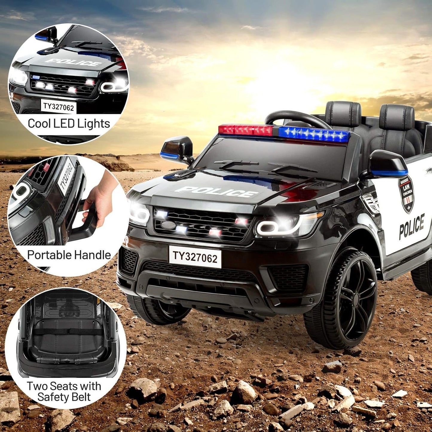 12V Electric Ride-On Police Car for Kids with Siren, Flashing Lights, and Horn