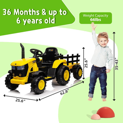12V Electric Ride-On Tractor with Trailer for Kids, Battery Powered Vehicle
