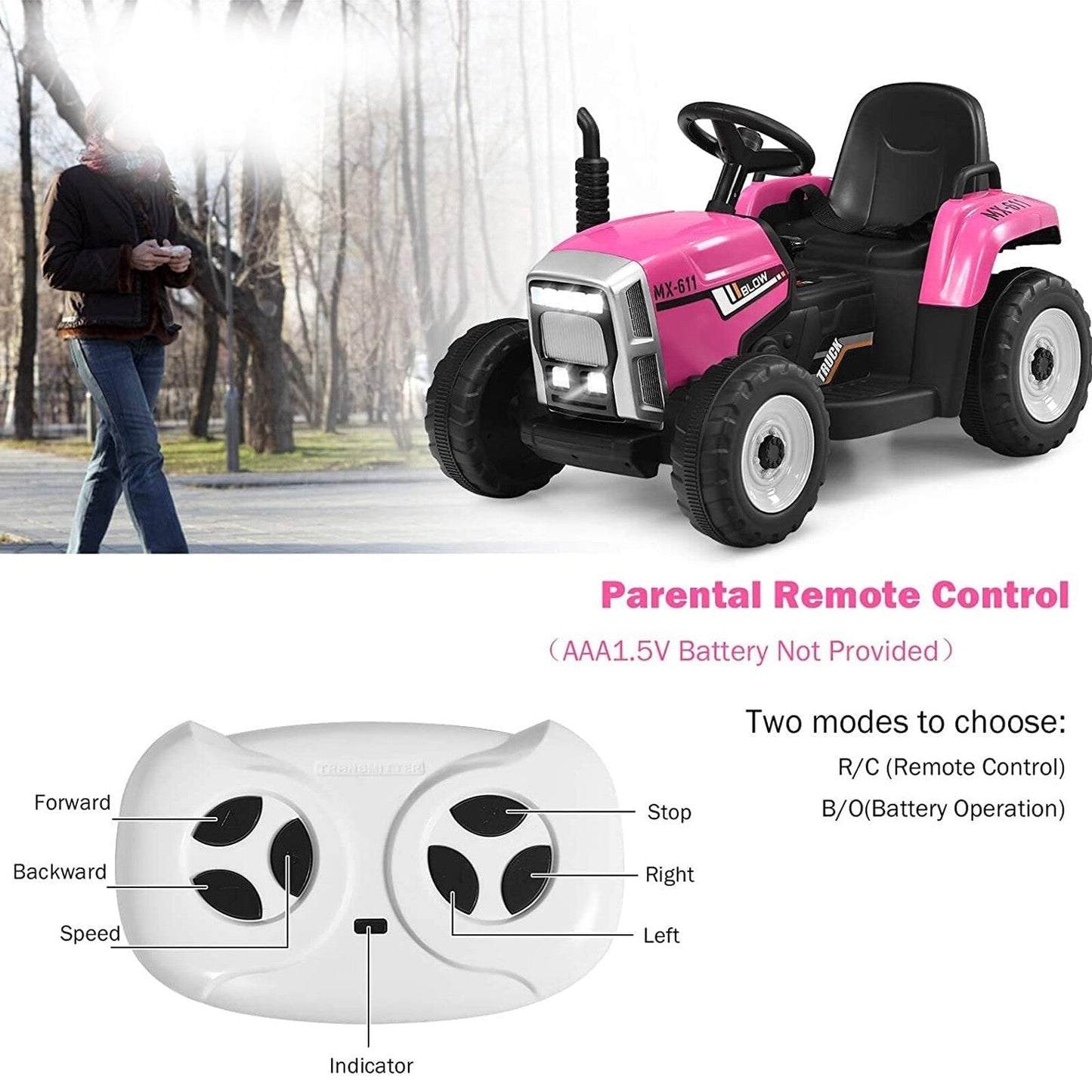 12V Battery-Powered Electric Ride-On Tractor Toy with Trailer and Remote Control