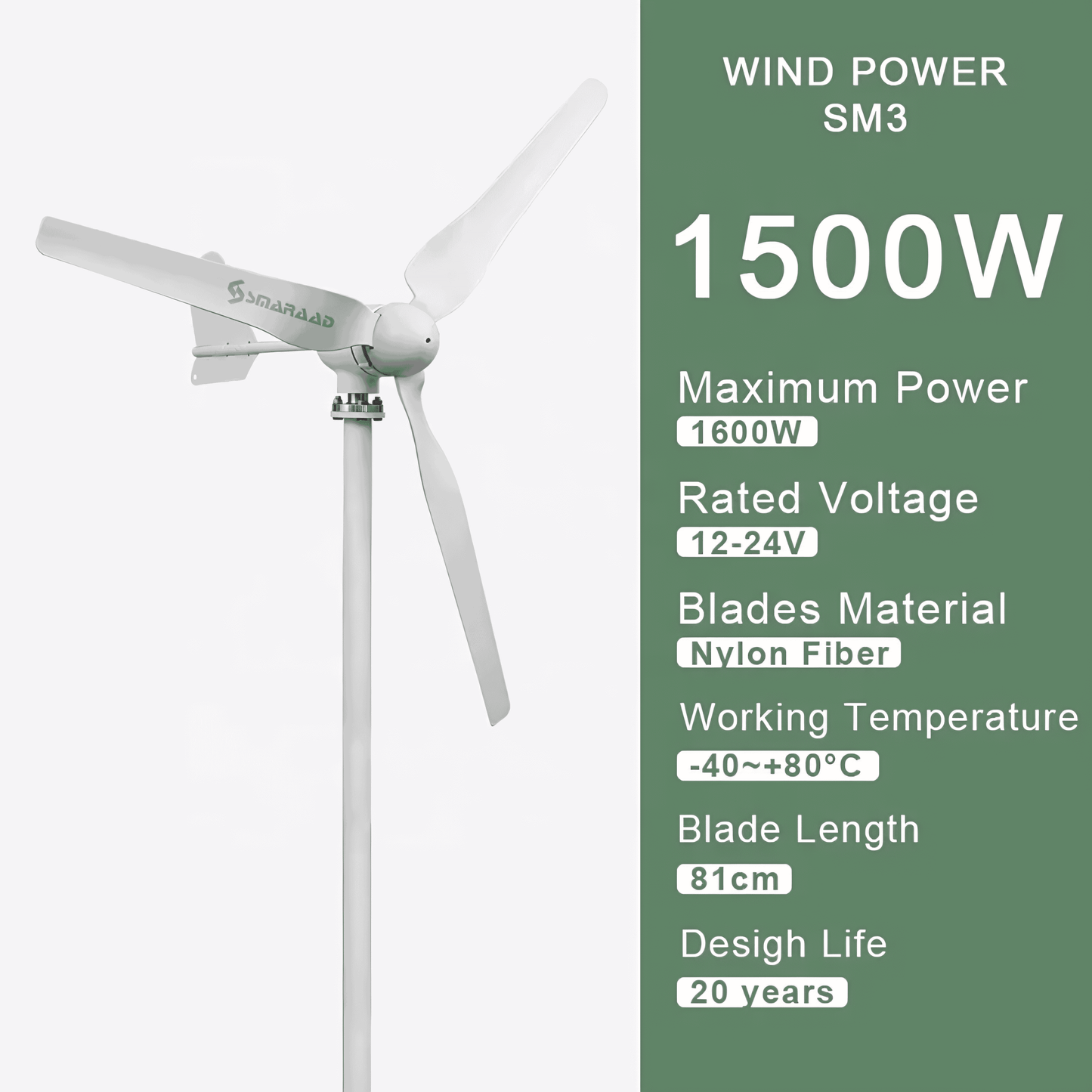 1500W Wind Generator Pole Not Included