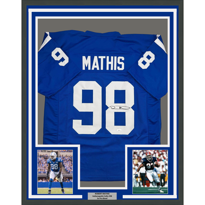 Framed Autographed/Signed Robert Mathis 35x39 Indianapolis Blue Football Jersey JSA COA