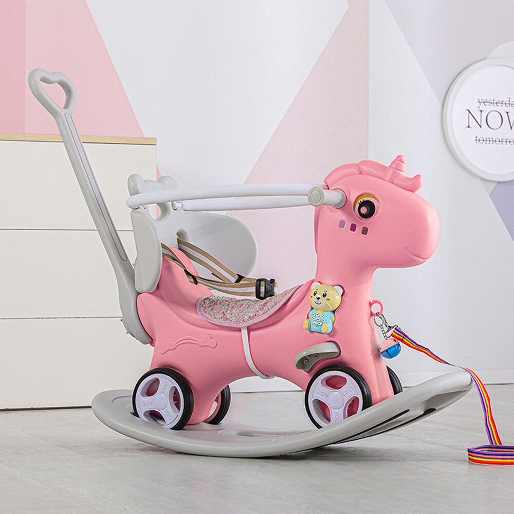 Toddler Rocking Horse Ride-On Toy with Backrest and Push Handle for Balance Development