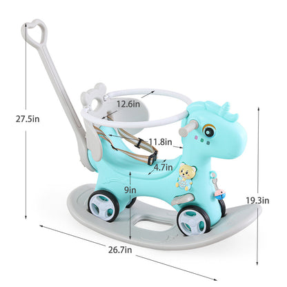 Toddler Ride-On Rocking Horse and Balance Bike with Push Handle and Backrest