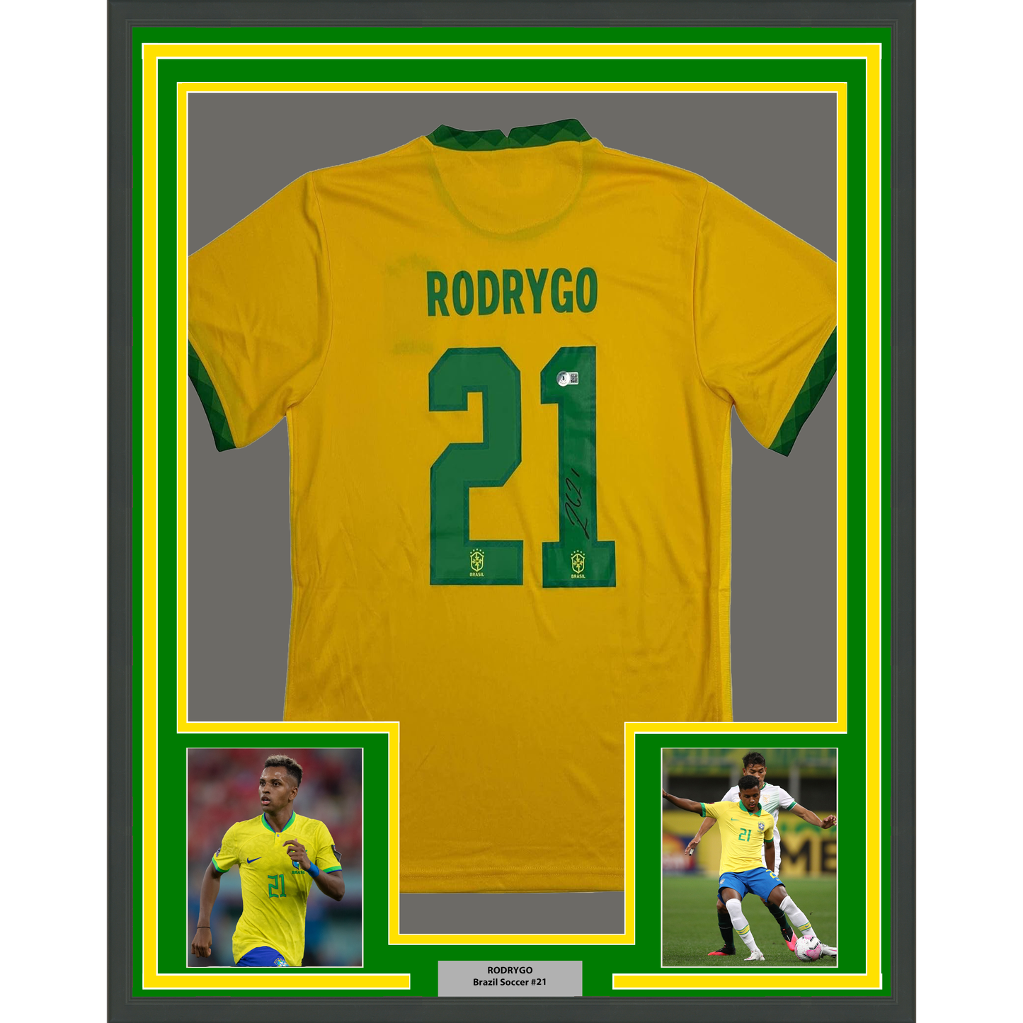 Framed Autographed/Signed Rodrygo Silva de Goes 35x39 Brazil Yellow Soccer World Cup Jersey Beckett BAS COA