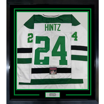 Framed Autographed/Signed Roope Hintz 35x39 Dallas White Hockey Jersey JSA COA