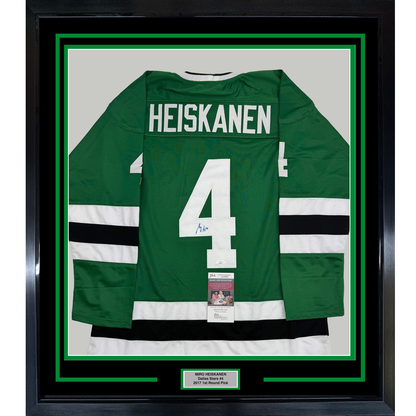 Framed Autographed/Signed Miro Heiskanen 35x39 Dallas Green Retro Hockey Jersey JSA COA