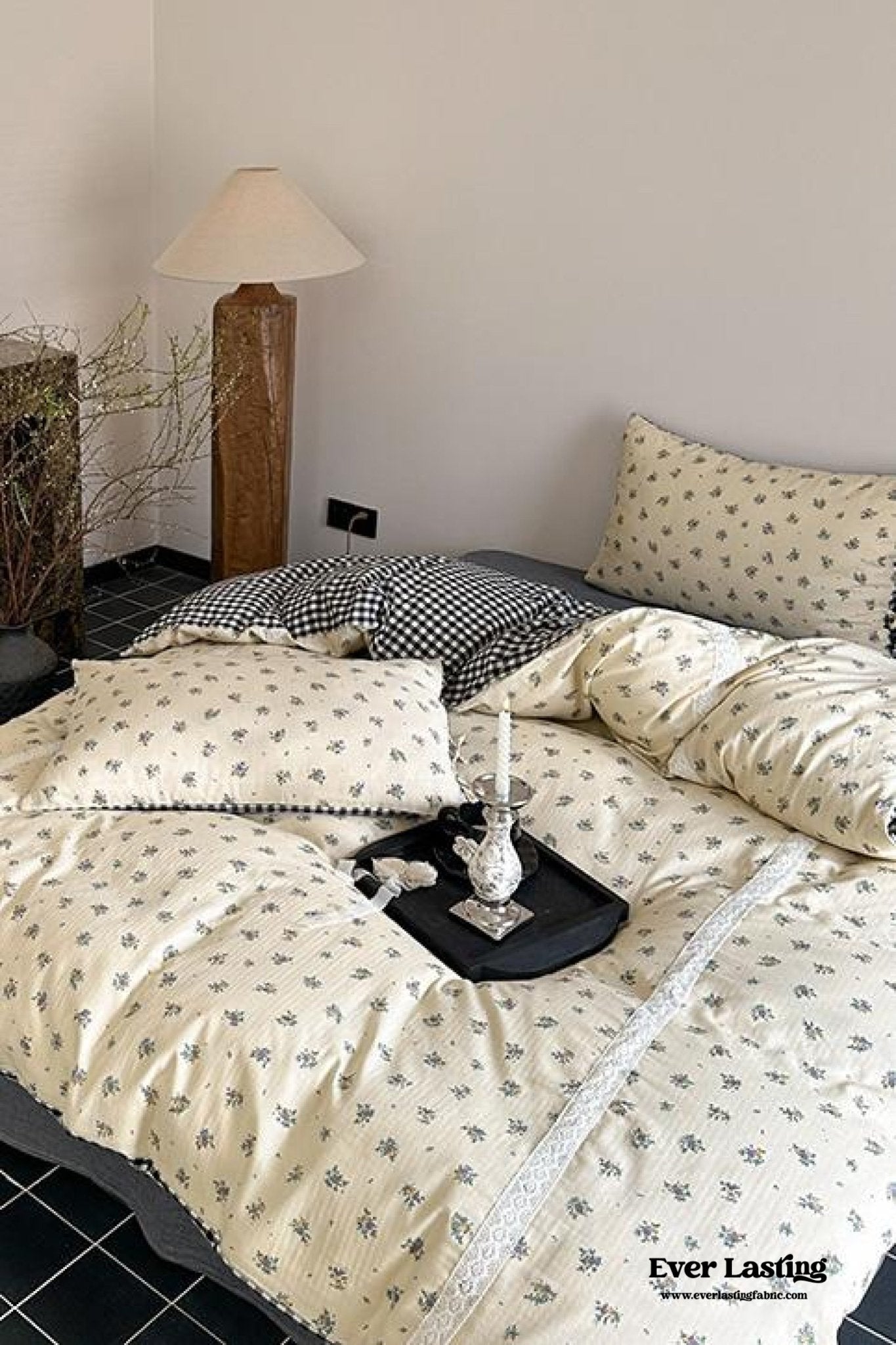 Rosalie Floral Lace Gingham Bedding Set / Pink