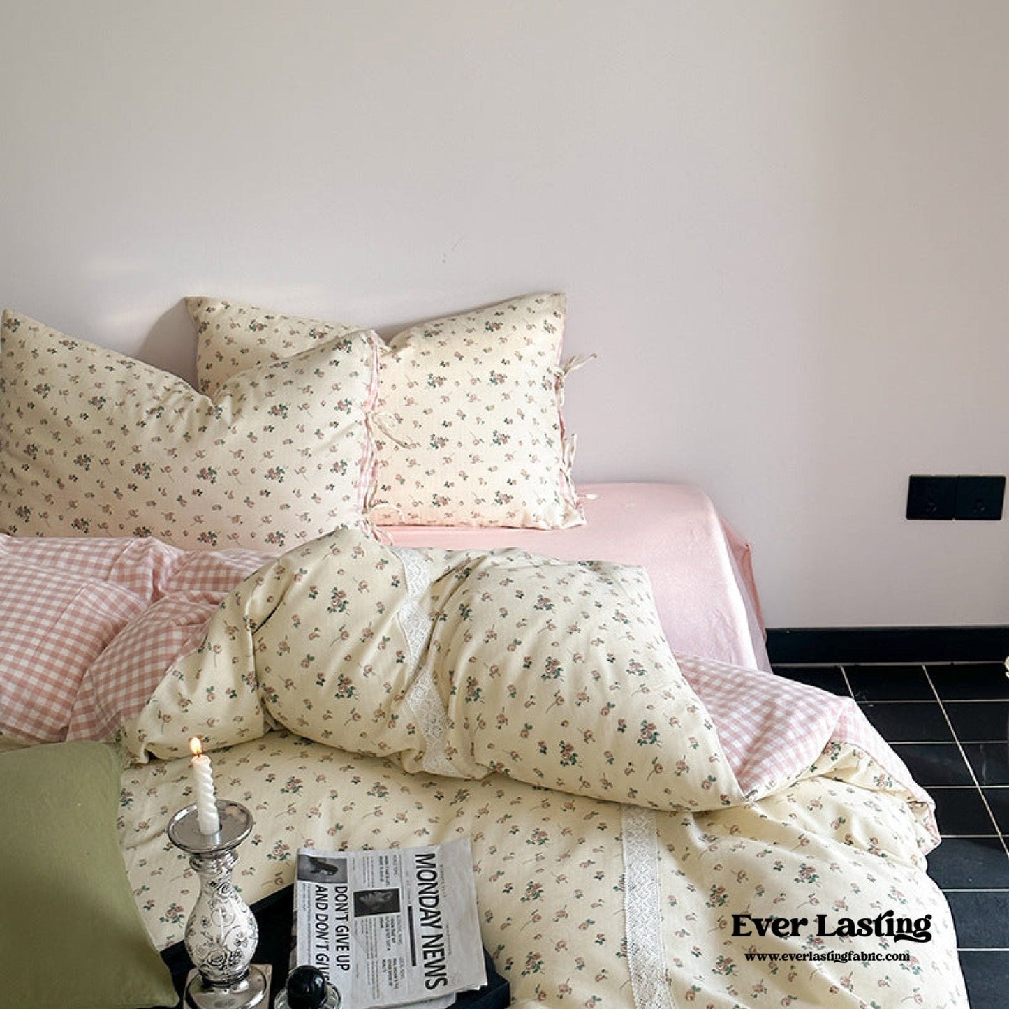 Rosalie Floral Lace Gingham Bedding Set / Pink