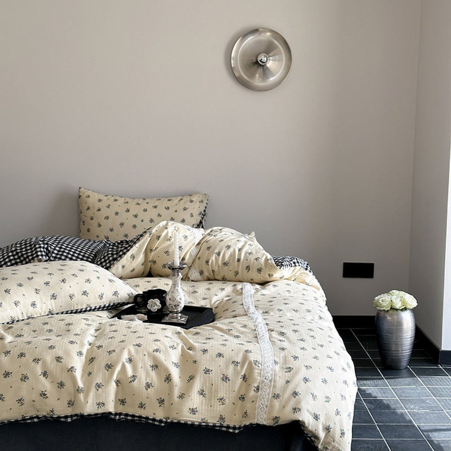 Rosalie Floral Lace Gingham Bedding Set / Pink