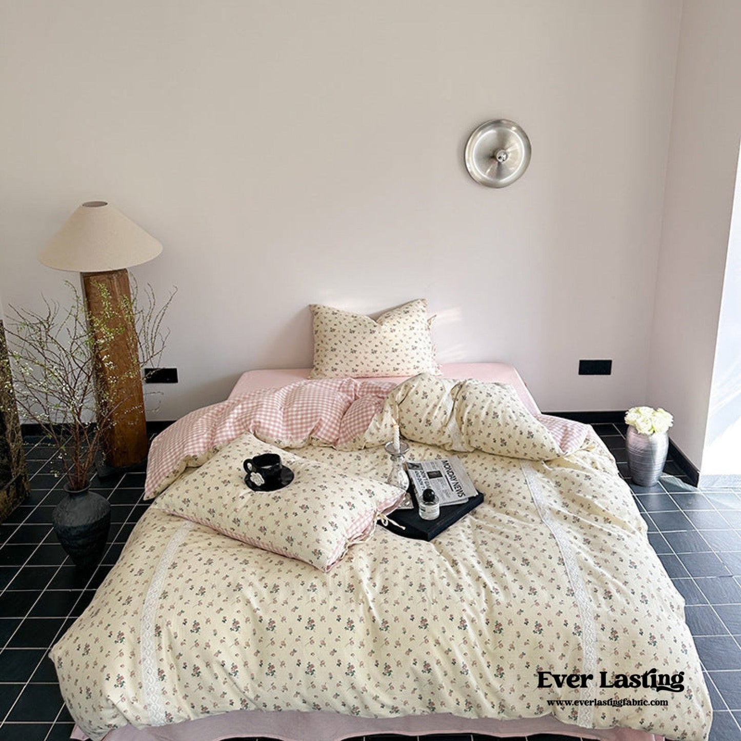 Rosalie Floral Lace Gingham Bedding Set / Pink