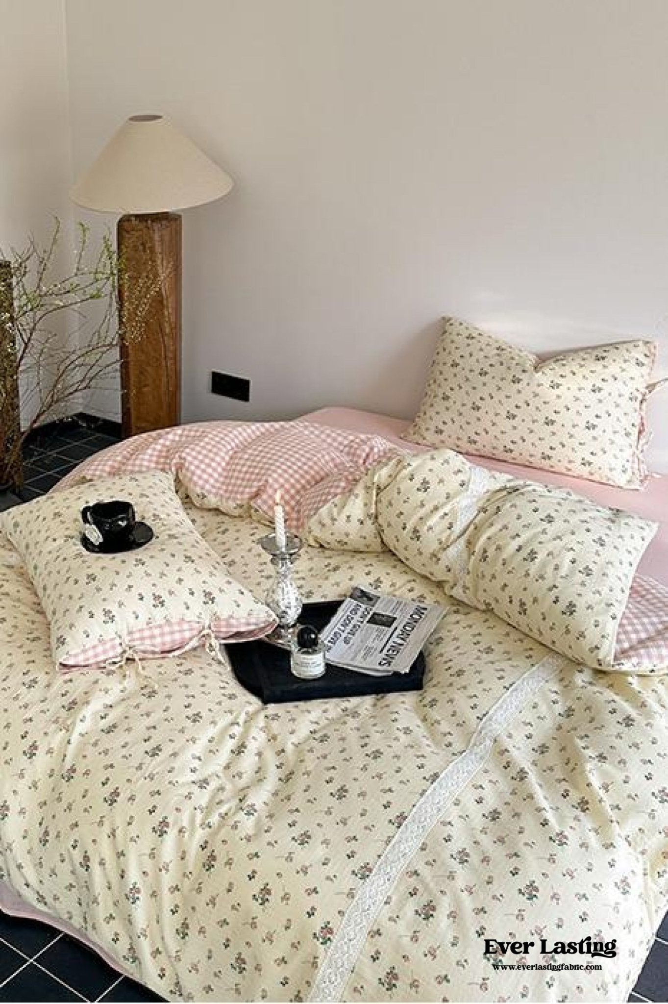 Rosalie Floral Lace Gingham Bedding Set / Pink