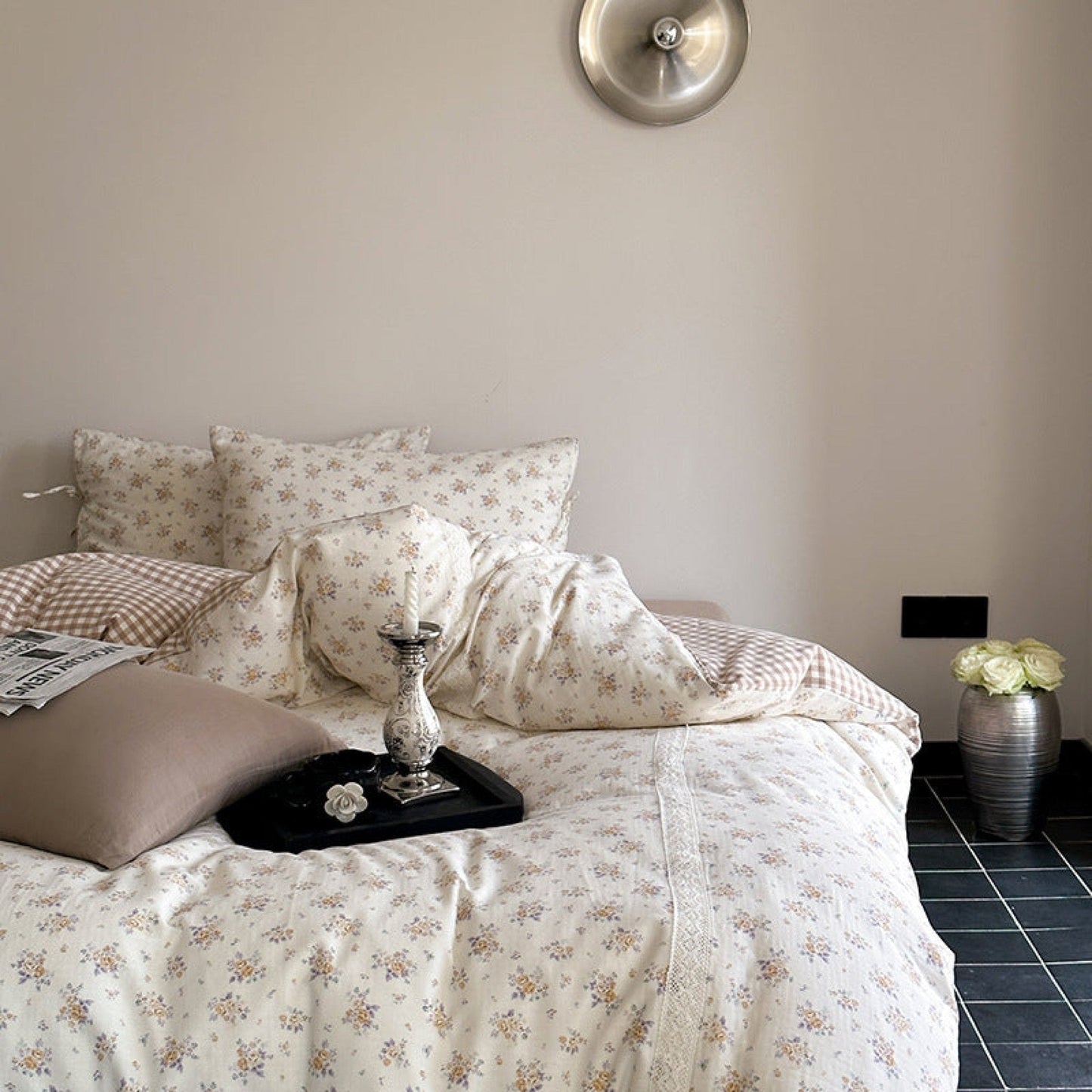 Rosalie Floral Lace Gingham Bedding Set / Pink