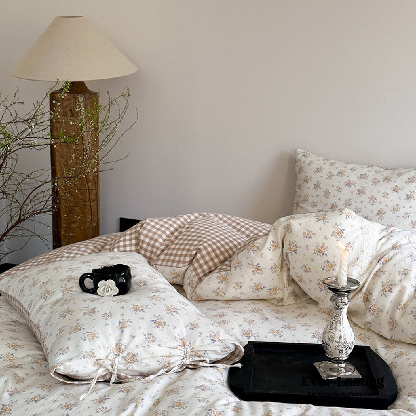 Rosalie Floral Lace Gingham Bedding Set / Pink