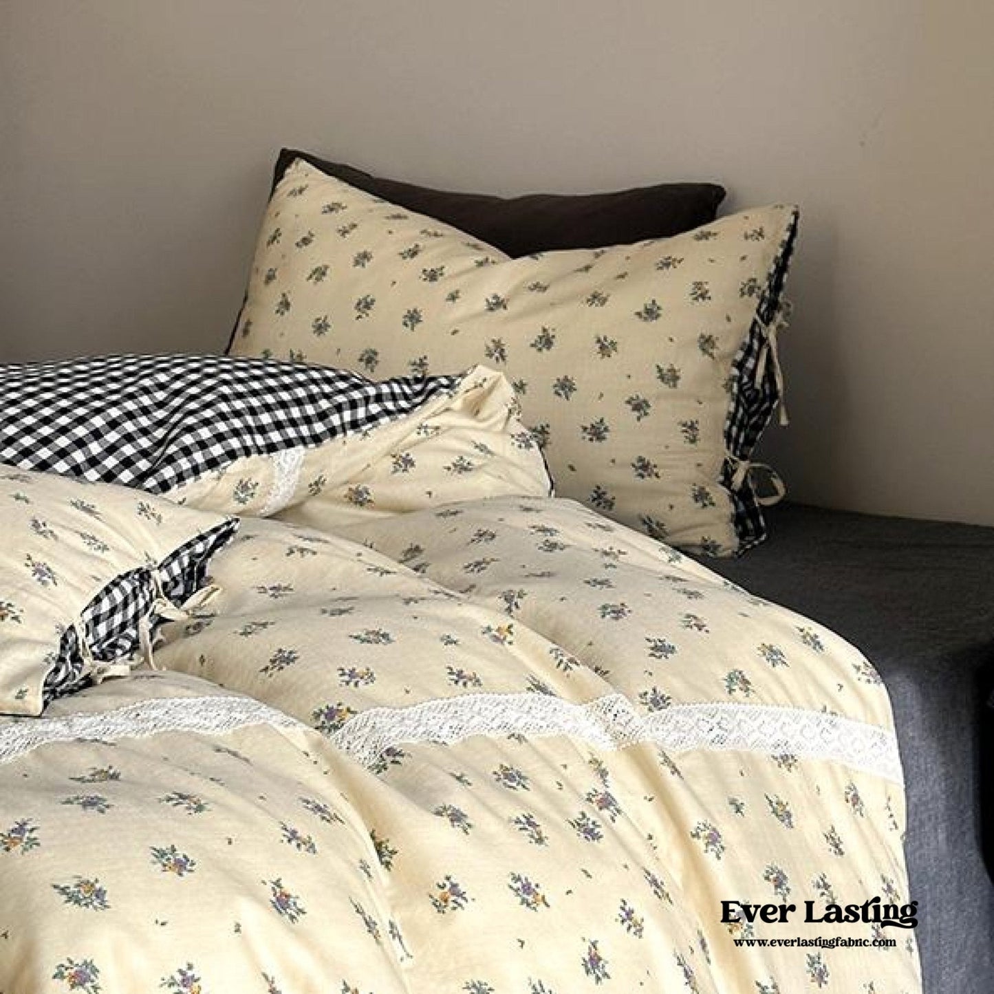 Rosalie Floral Lace Gingham Bedding Set / Pink