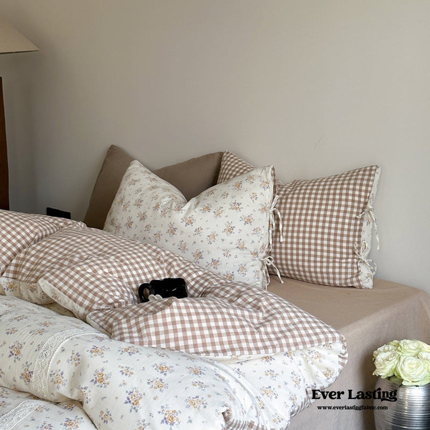 Rosalie Floral Lace Gingham Bedding Set / Pink