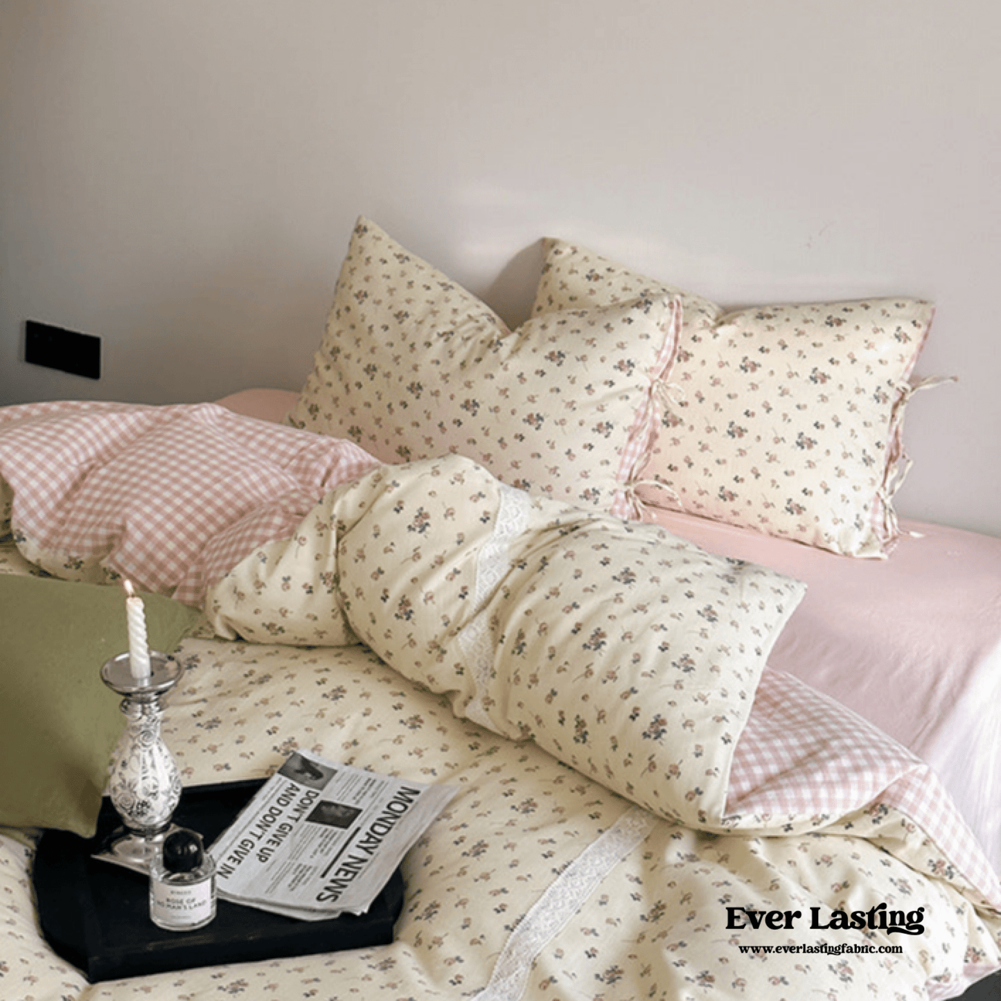 Rosalie Floral Lace Gingham Bedding Set / Pink