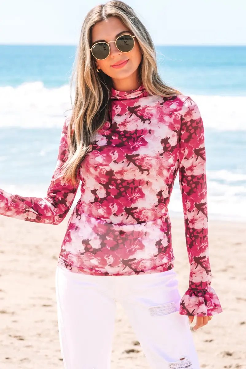 Women's Blouse Floral Mesh Blouse - Ruffle Sleeve - Sheer Daily Top