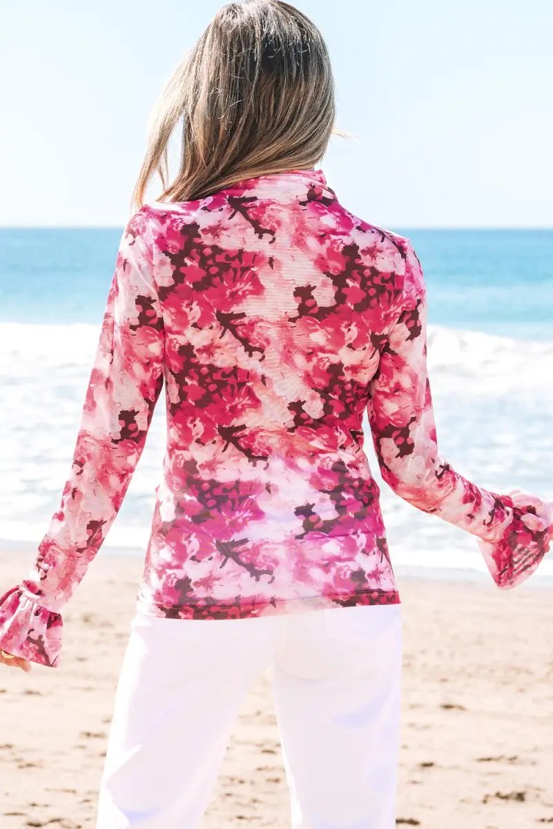 Women's Blouse Floral Mesh Blouse - Ruffle Sleeve - Sheer Daily Top