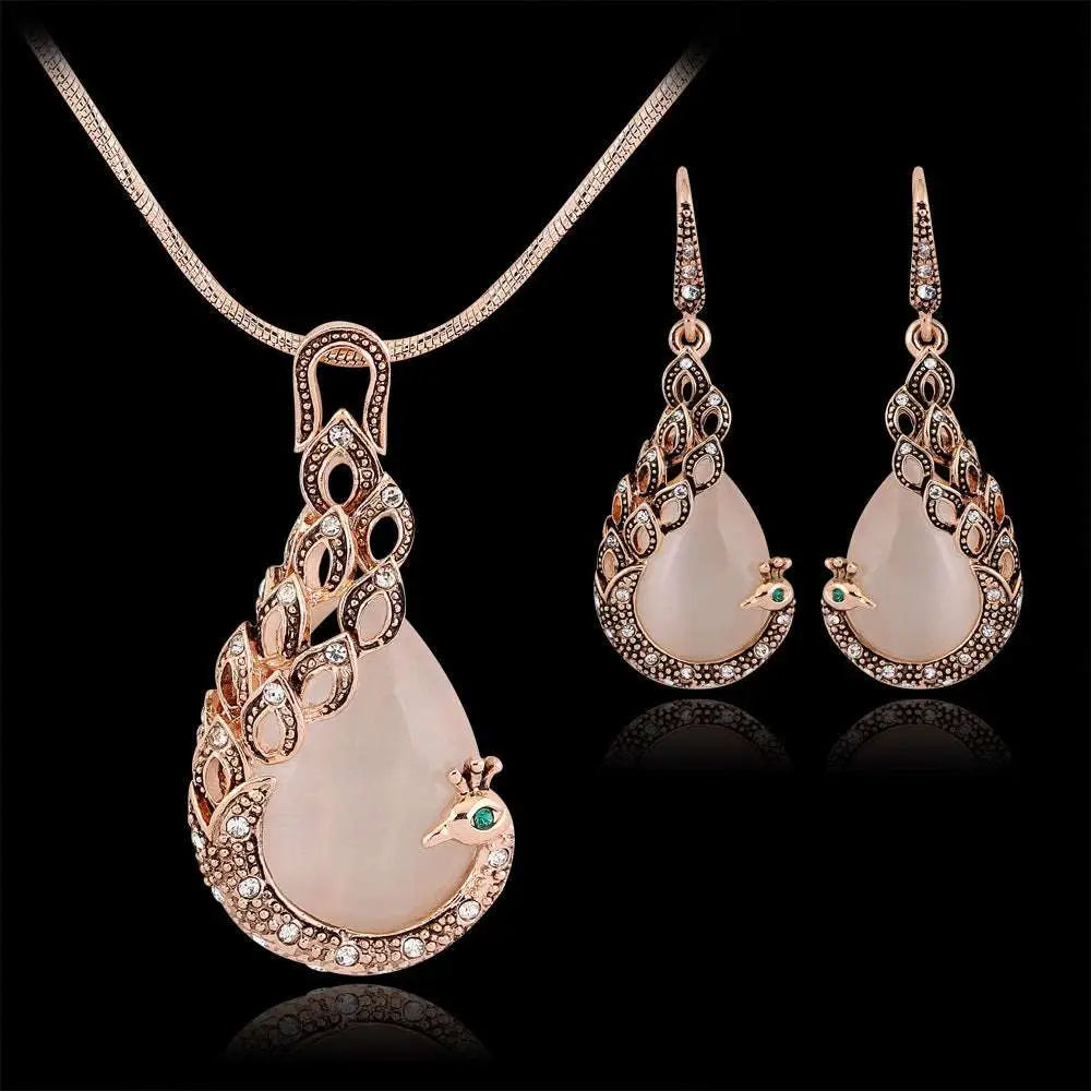 Rose Gold Rose Pink Jade Peacock Jewelry Set