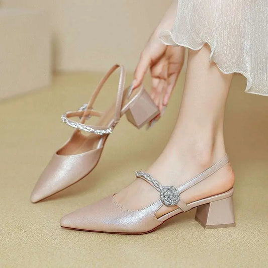 Rose Gold Satin Pointed Toe High Heels with Chunky Heel