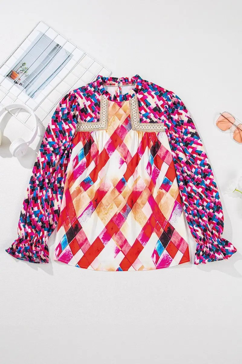Accessories Love Salve Rose Red Blouse Women's Daily Wear Top Puff Sleeve Abstract Print Trendy