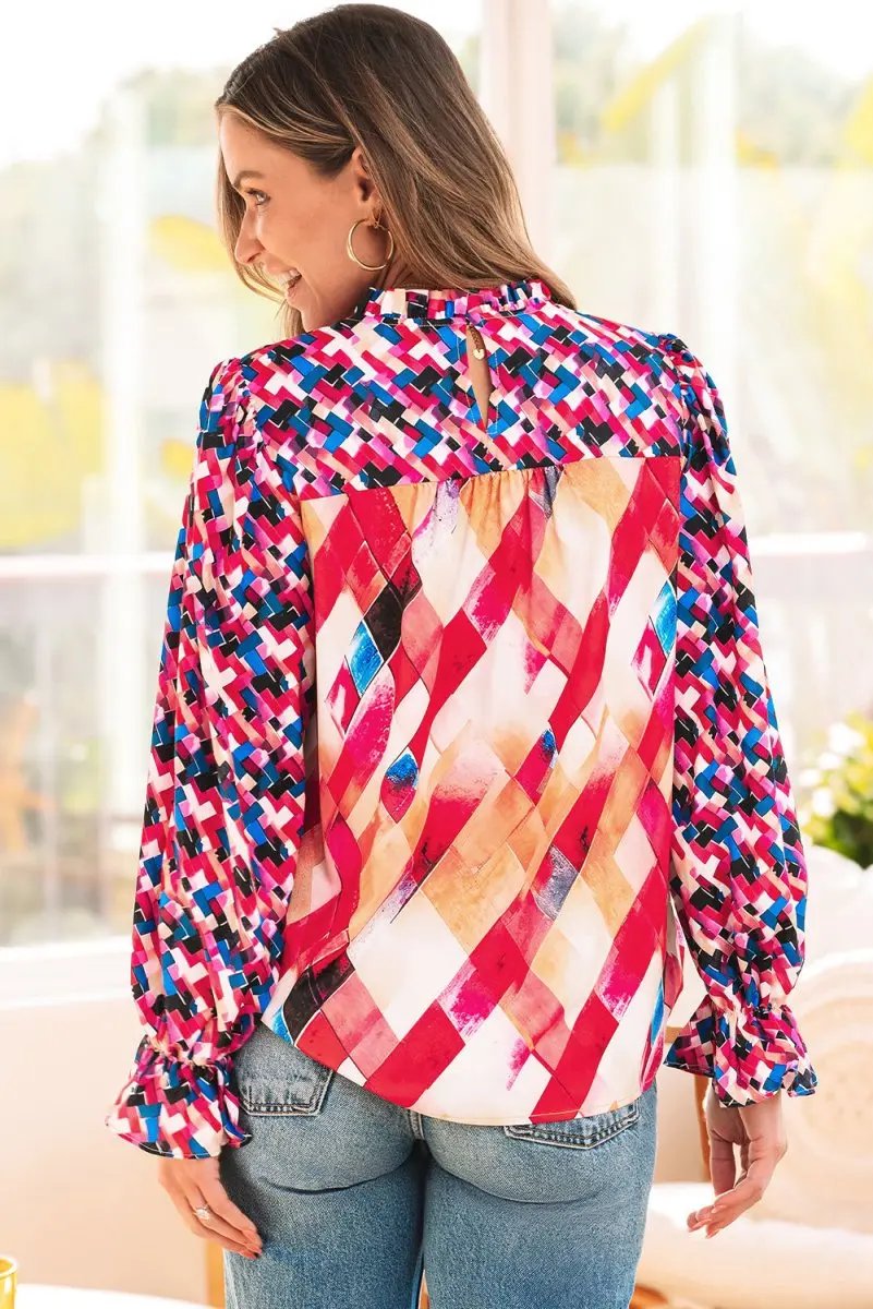 Accessories Love Salve Rose Red Blouse Women's Daily Wear Top Puff Sleeve Abstract Print Trendy