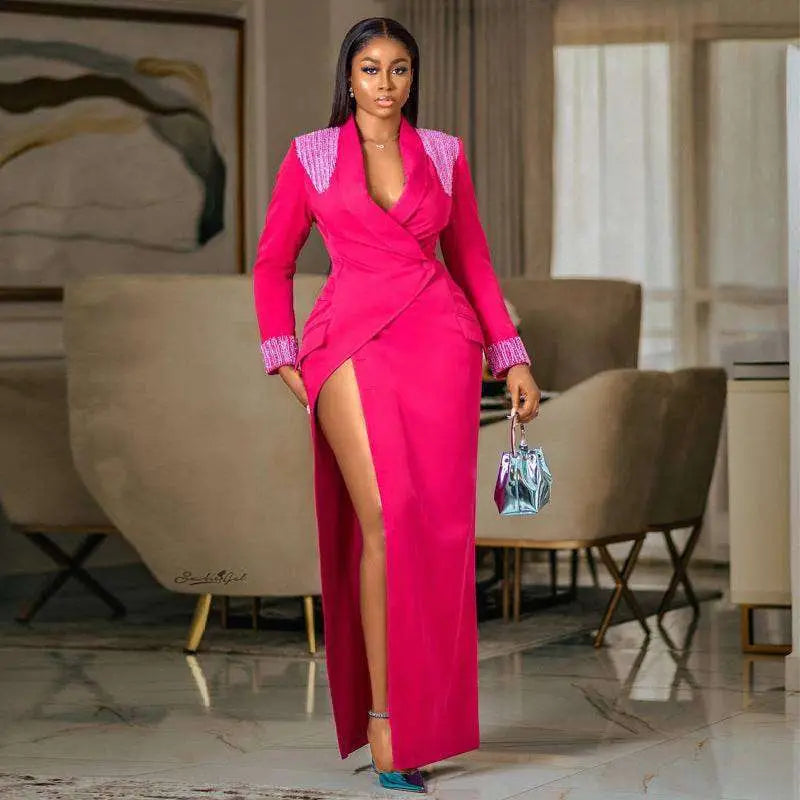 Rose Red Suit Collar Embellished Wrap Dress