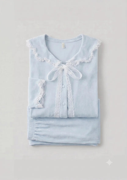 Rosy Velvet Coquette Lace Pajama Set / Blue