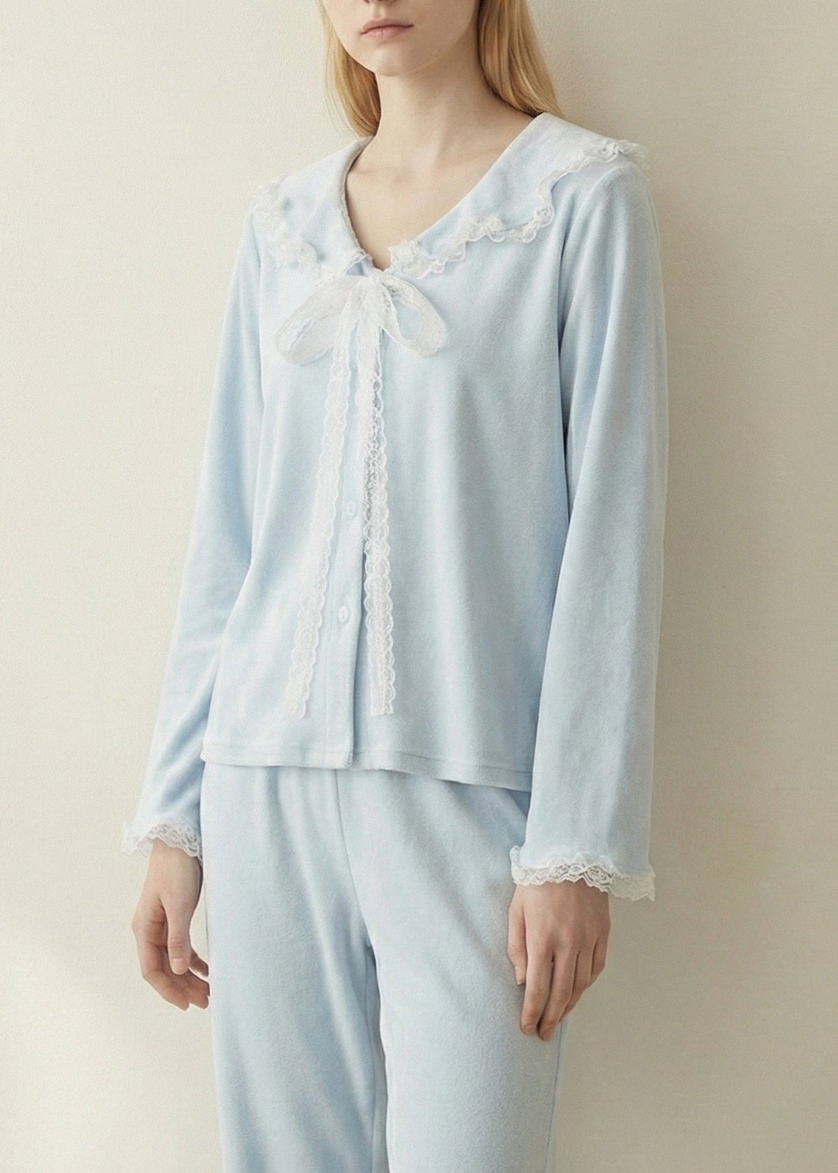 Rosy Velvet Coquette Lace Pajama Set / Blue